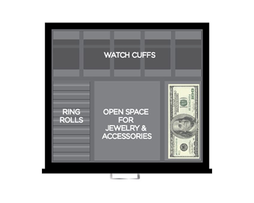 WOLF Tray Layout with Watch Cuffs, Open Space for Jewelry &amp; Accessories, Ring Rolls, and an Image of a $100 Bill