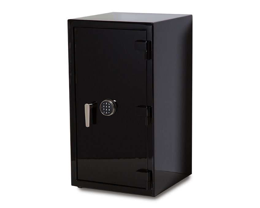 A sleek black Wolf safe with a digital keypad and a silver handle on the right side, featuring sturdy hinges on the left. The safe showcases Wolf's modern and secure design