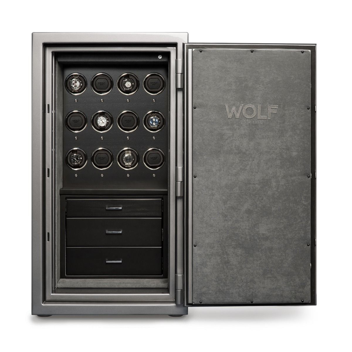 A luxury watch safe from WOLF, established in 1834. The interior features multiple watch winders, a digital display for settings, and storage drawers. The exterior is finished in a sleek grey with the brand name prominently displayed