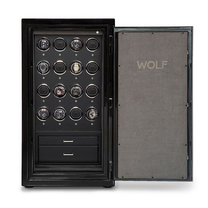 Black luxury watch safe with multiple watch winders, storage drawers, and WOLF branding on the inner door - WOLF, Wonders of Luxury