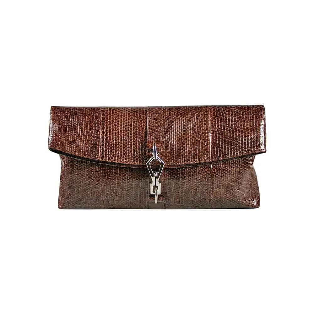 Brown Snake Leather Clutch Bag by DeLeo One