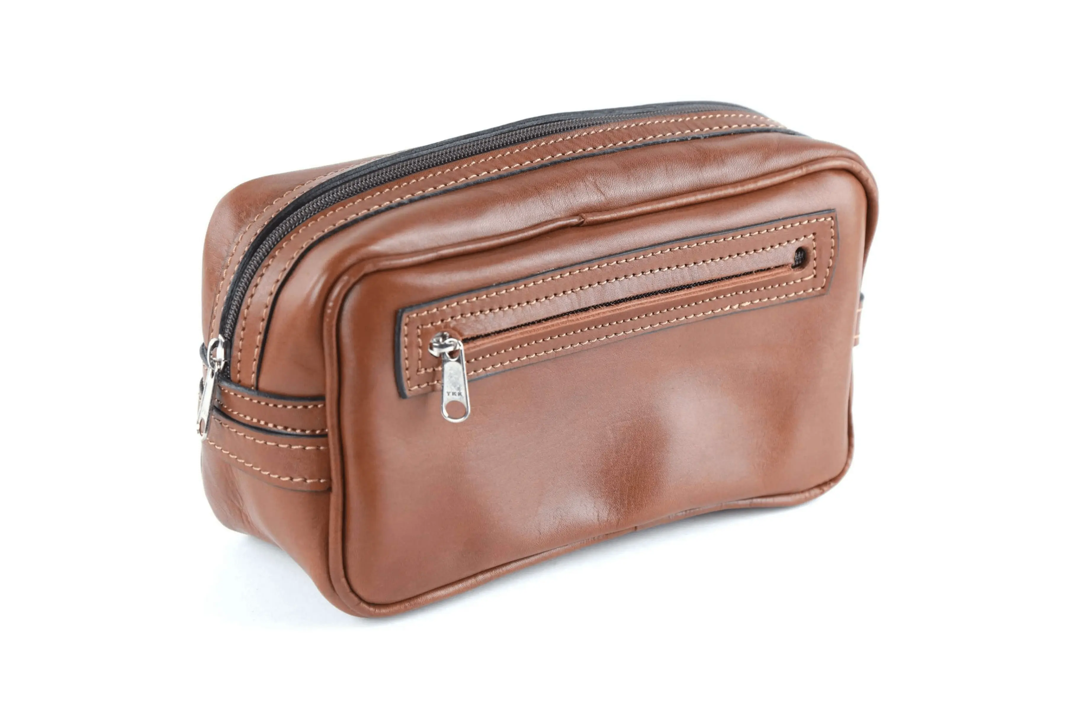 Leather Pouch bag with waterproof interior external pocket and metal zippers